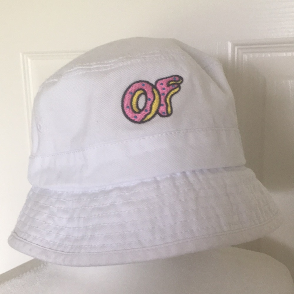 White Cotton Bucket Hat with Embroidered "OF" Donut Logo